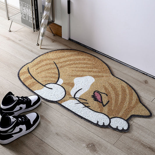 A porch mat in the shape of a cartoon cat