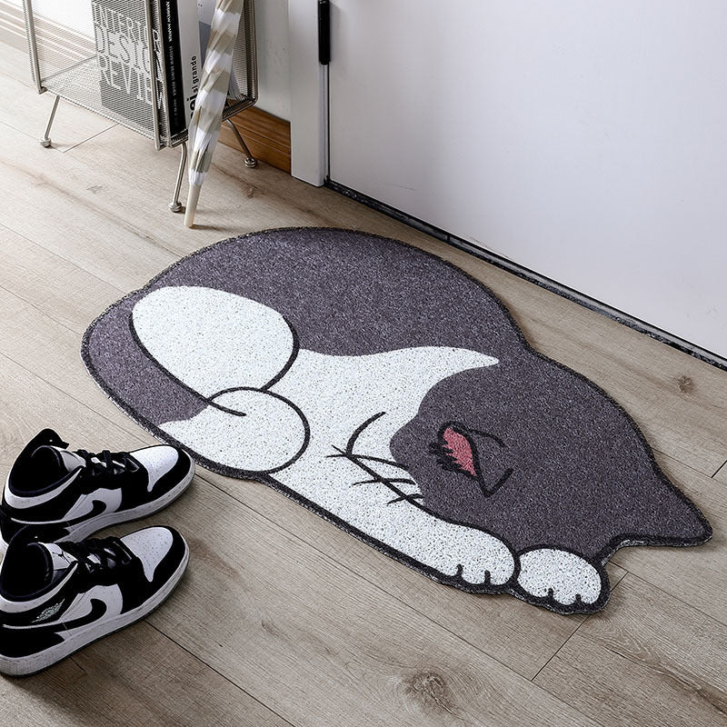 A porch mat in the shape of a cartoon cat