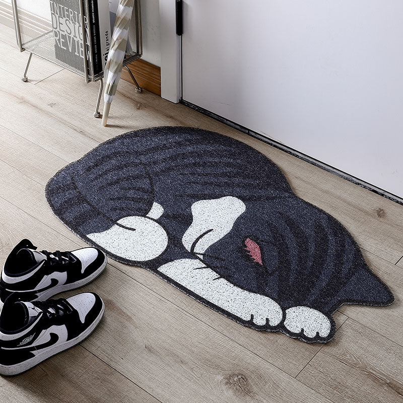 A porch mat in the shape of a cartoon cat